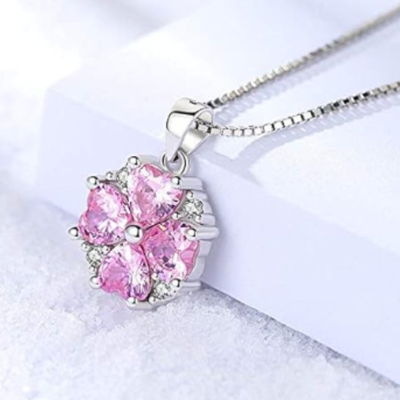 Pink Cubic Zirconia Hearts Pendant Necklace 925 Sterling Silver Fashion Jewelry - Picture 11 of 14